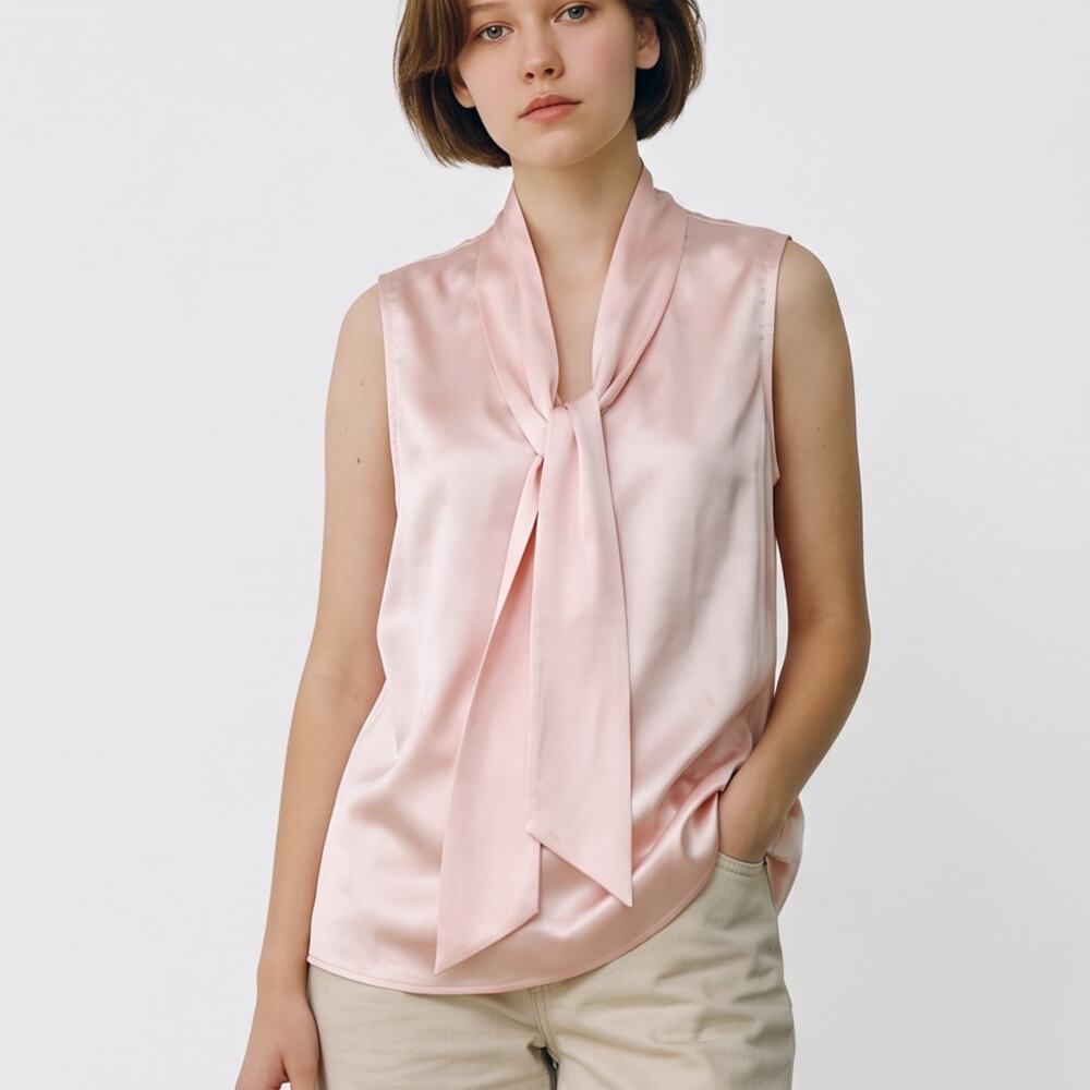 Anne Klein Blouse Womens Size Large Satin Pink Tank Flowy Necktie Biz Casual NWT